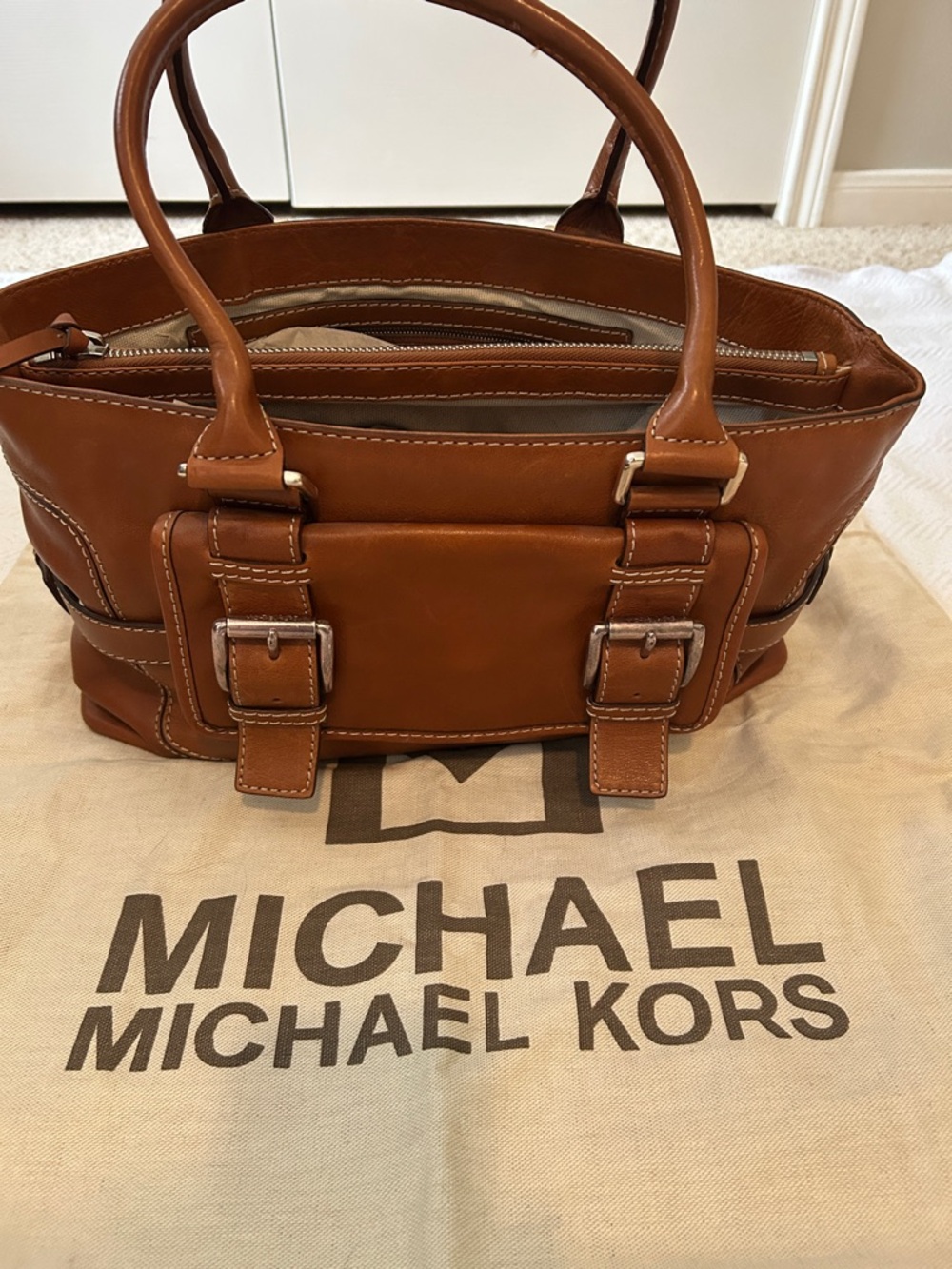 Michael Kors Cognac Leather Buckle Satchel